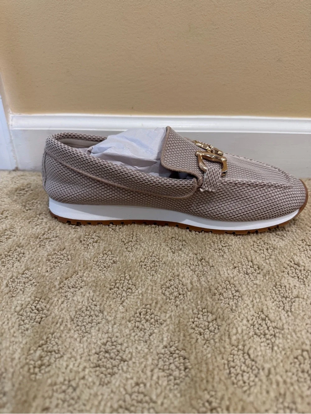ComfortMesh Taupe Slip-On Loafers with Gold Accent
